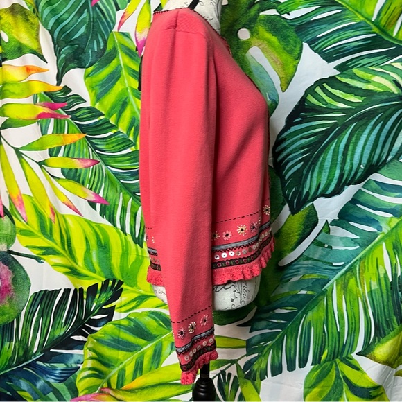 Icelandic Design M Coral Pink Red Floral Embroidered Sequin Full Zip Cardigan - Picture 4 of 13